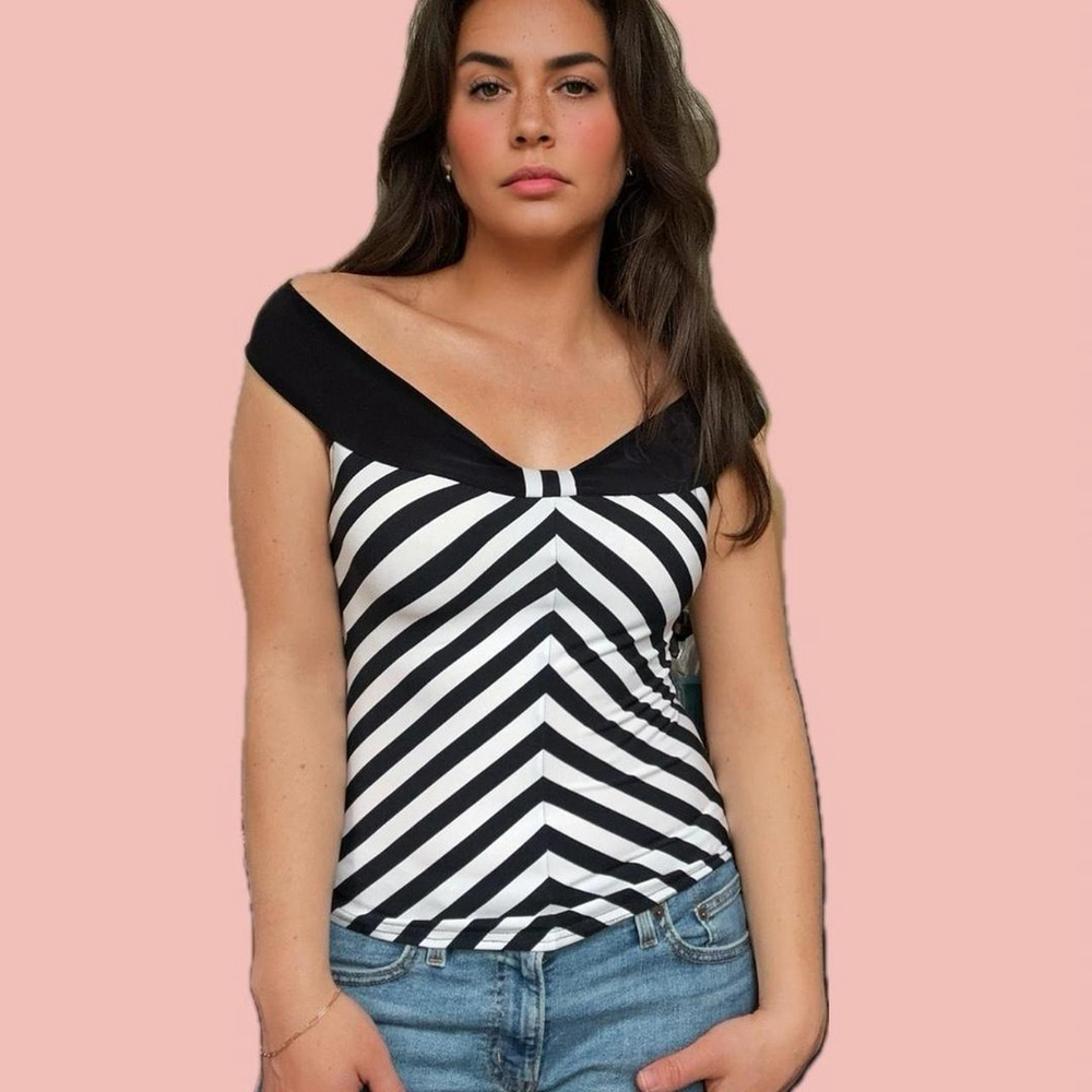 🧡 2 for 10$ Frank Lyman Y2K Bardot Top – Striped, Stretchy, Flattering